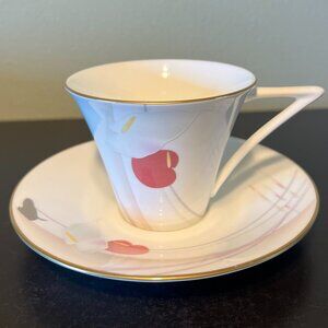 -Vintage MIKASA  Anthurium Bone China Cup & Saucer Set Gold Trim CR006 ~ Japan
